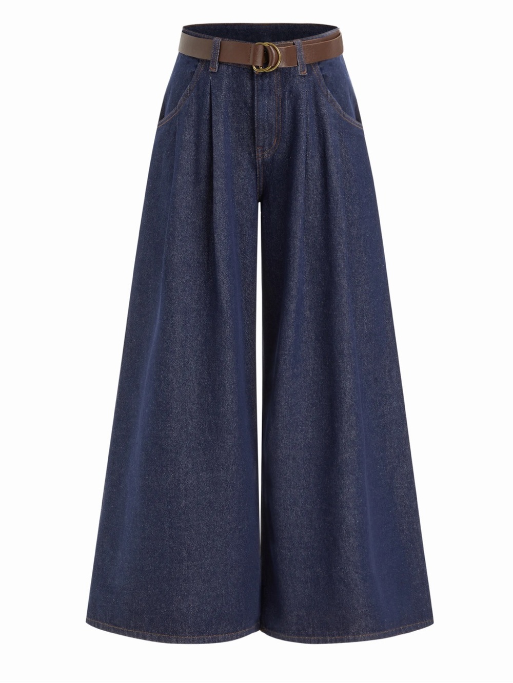 CIDER Denim Low Rise Pleated Wide Leg Jeans with Belt